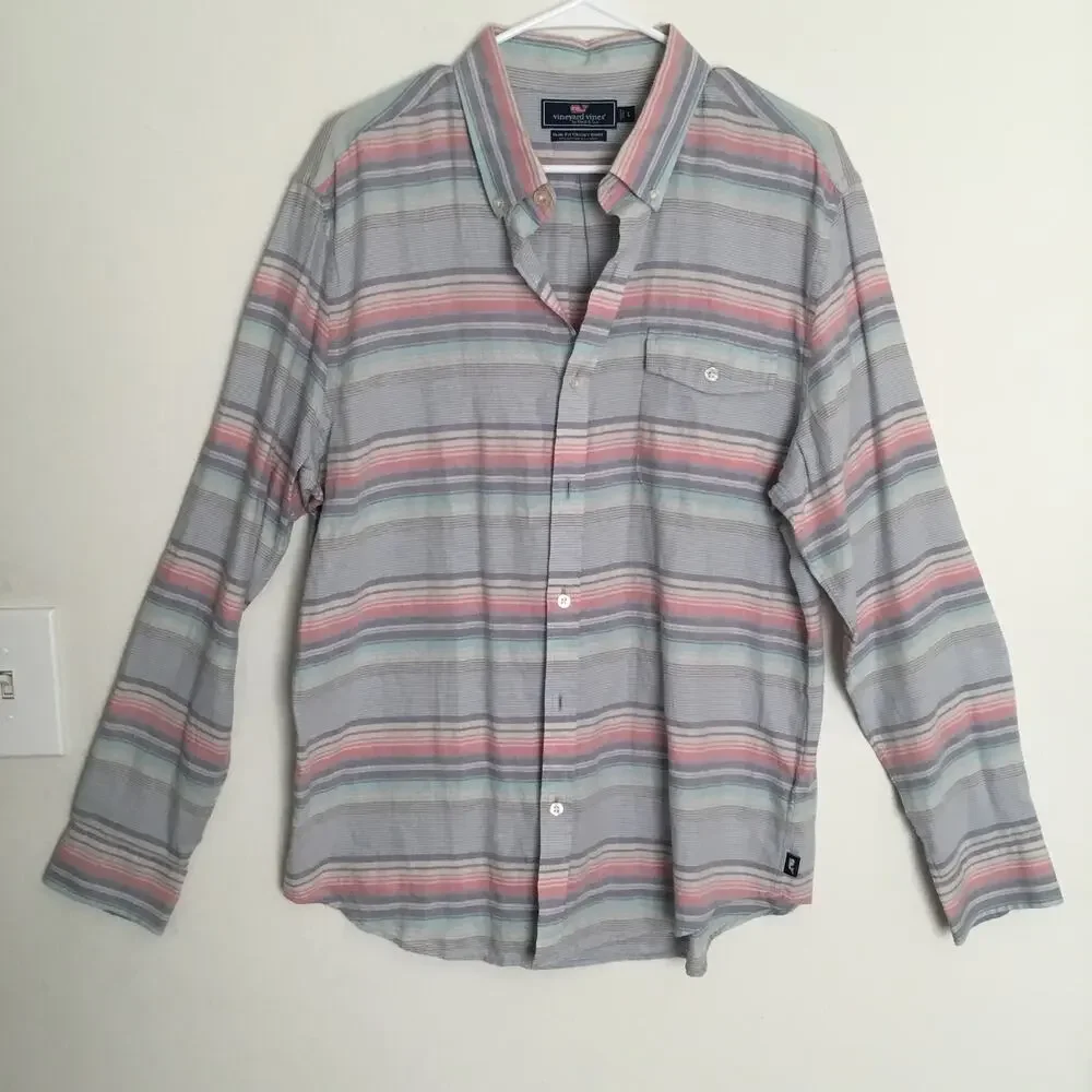 VINEYARD VINES Sunset Lake Stipe Slim Fit Crosby Shirt Cotton Linen blend sz L
